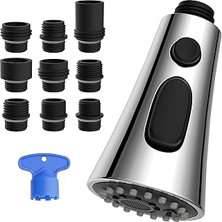 Hibbent Kitchen Faucet Head Replacement, Pull Down Kitchen Spray Head with 9 Adapters, 3-Function Kitchen Sink Spray Nozzle Compatible with Moen, American Standard, Delta, Kohler Faucets, Chrome