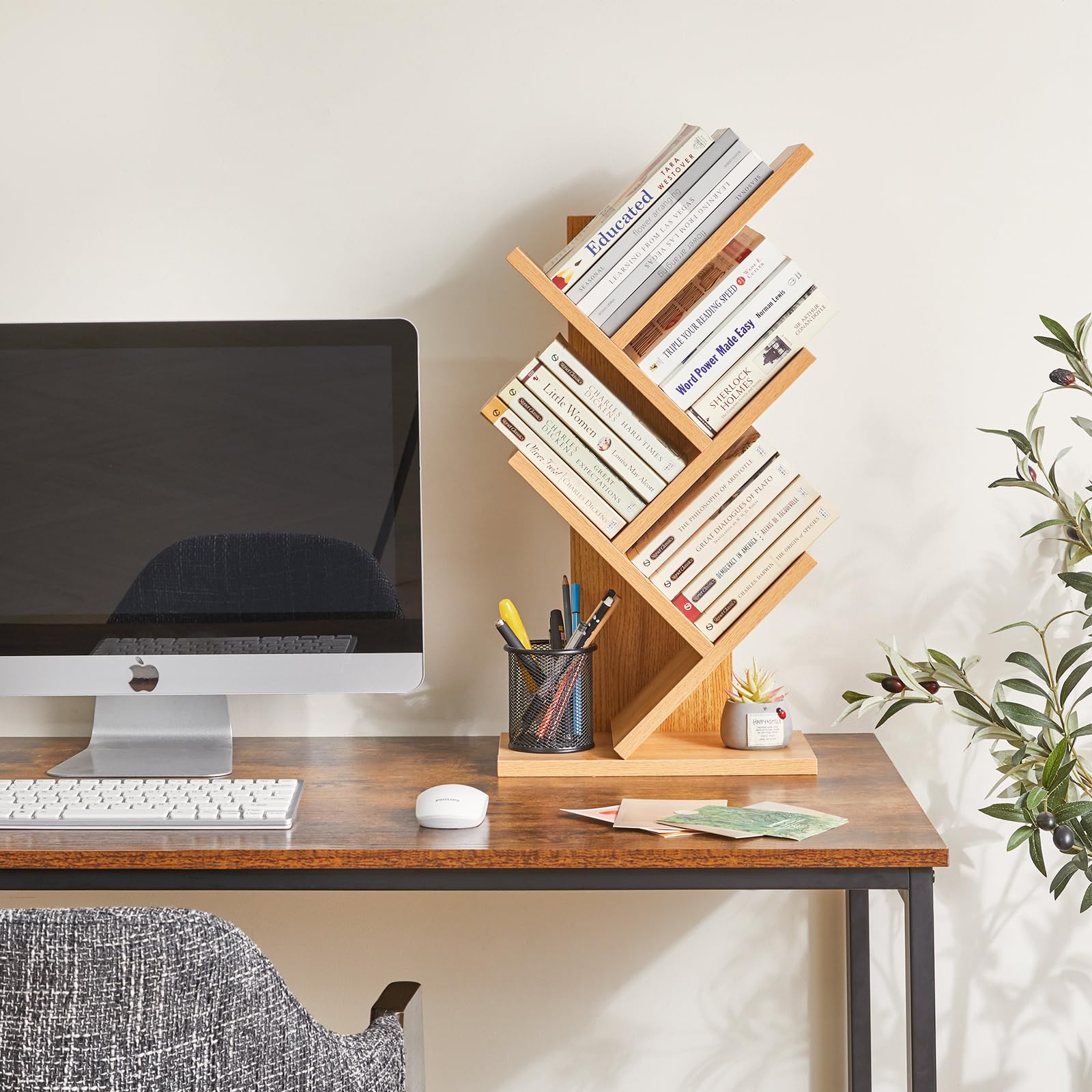 YMYNY Bibliothèque d'arbre, Étagère à Livres sur Pied, Étagère de Rangement pour Magazines, CD, pour Salon, Chambre, Bureau, 60 cm, Couleur Bois Naturel