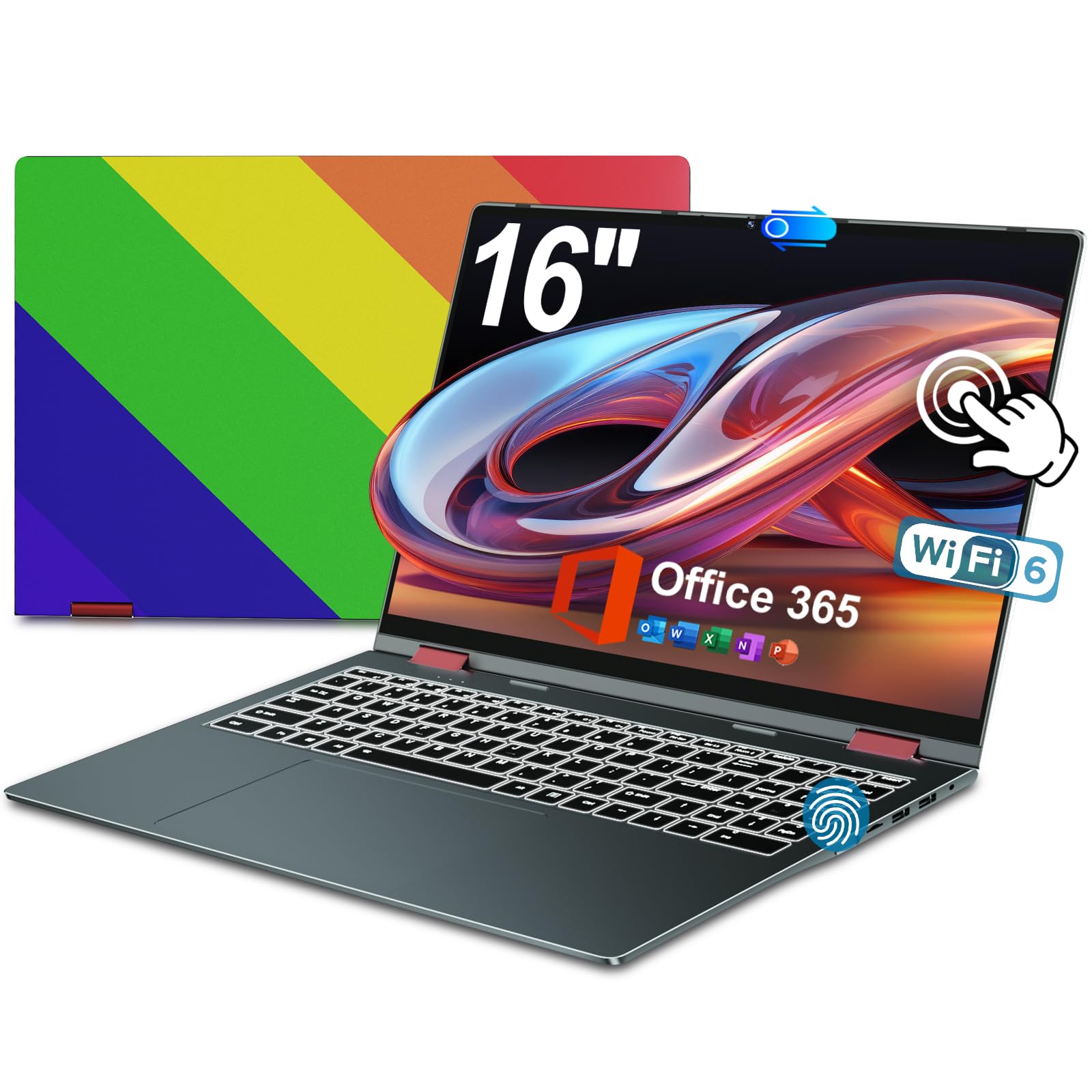 jumper Rainbow Laptop 16 inch, Vibrant Pride Themed Convertible Touchscreen, 2 in 1 Laptop with 16GB RAM 640GB Storage, Fingerprint Reader, 360 Degree Rotation, Backlit Keyboard, 53.2WH, WiFi 6