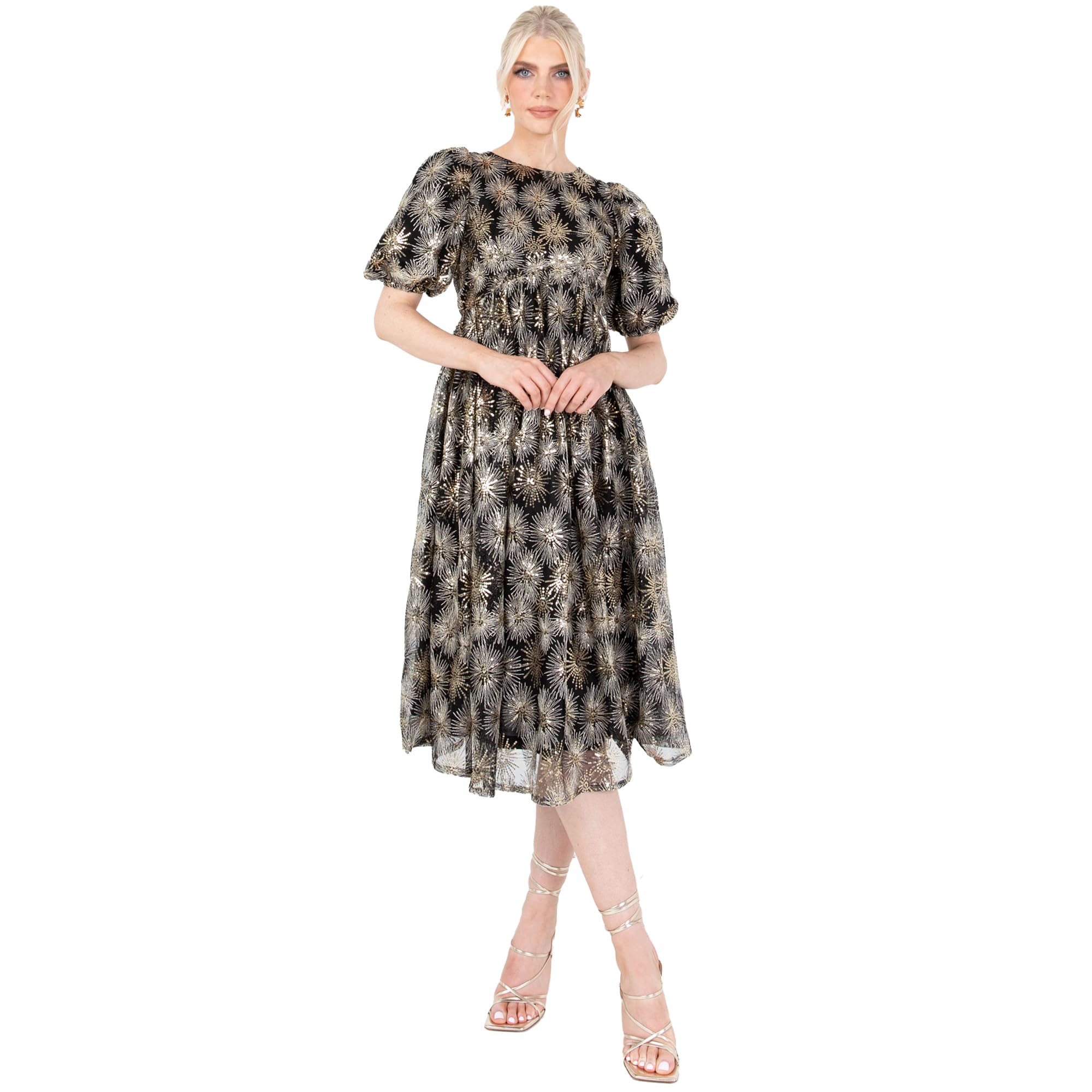 Lovedrobe Women's Midi Dress Ladies Short Puff Sleeve Mesh Star Sequin Embellished Round Neck A-line for Party Cocktail Evening Dress,