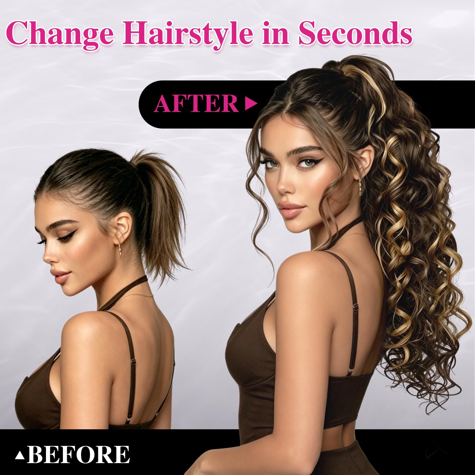 FESHFEN Coletas Postizas Rizado con Pinza - Coleta Postiza Pelo Negro Natural Ondulado Larga Ponytail Clip de Extensiones de Cabello Sintético Cola Postizos para Mujeres, 65 cm