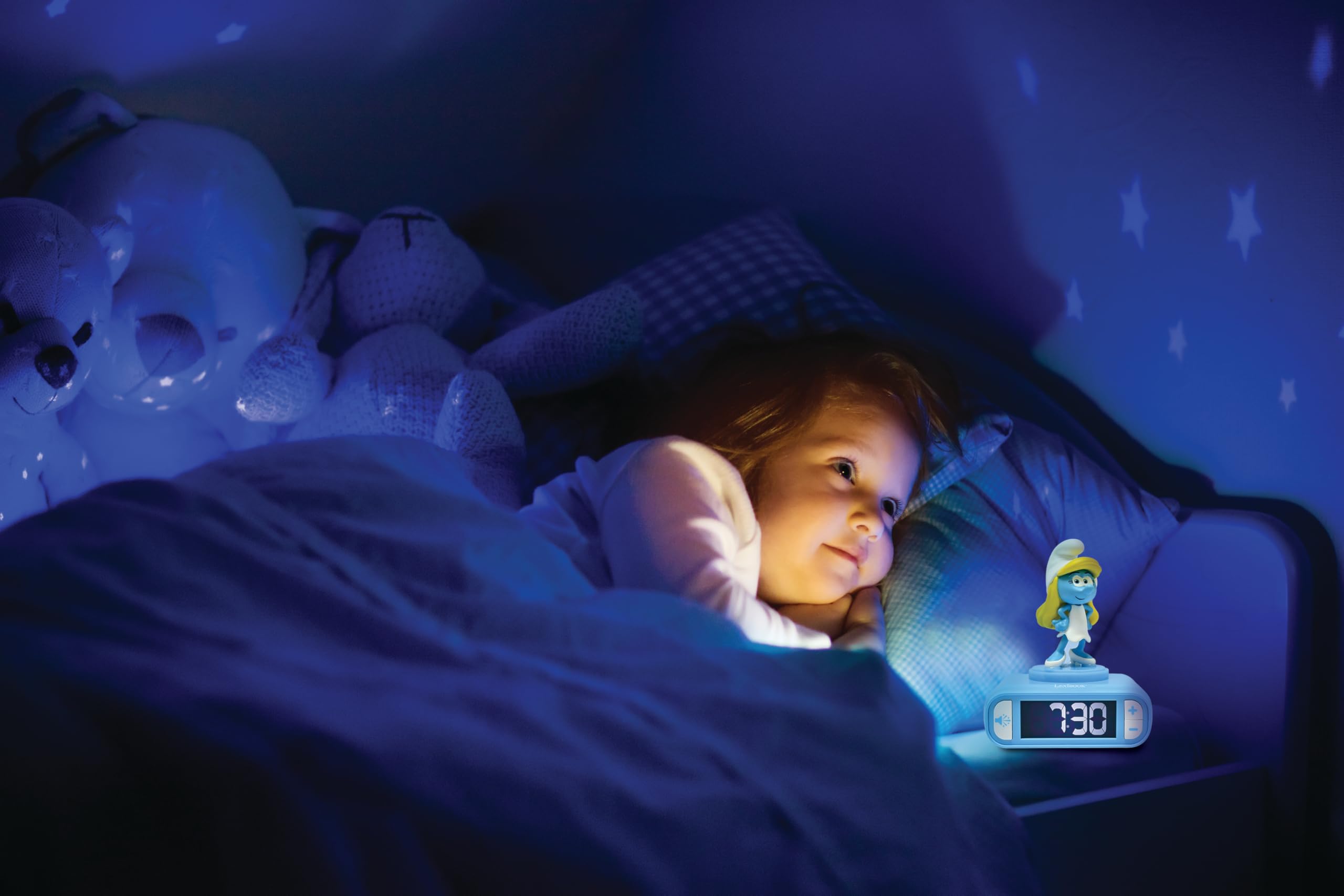 Lexibook, Smerfy budzik nocny, dźwięki i melodie, podświetlany ekran LCD, świecący, drzemka, niebieski, mały