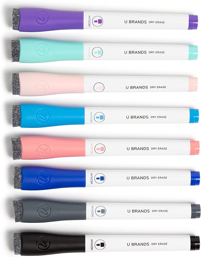 U Brands Dry Erase Markers with Erasers, Set of 8