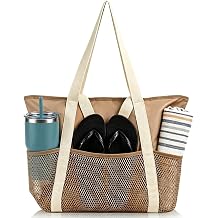 Beach Bags Waterproof Sandproof Mesh Tote Foldable | Lightweight, Large, Zipper & Pockets, for Women, Beach Pool Vacation Travel