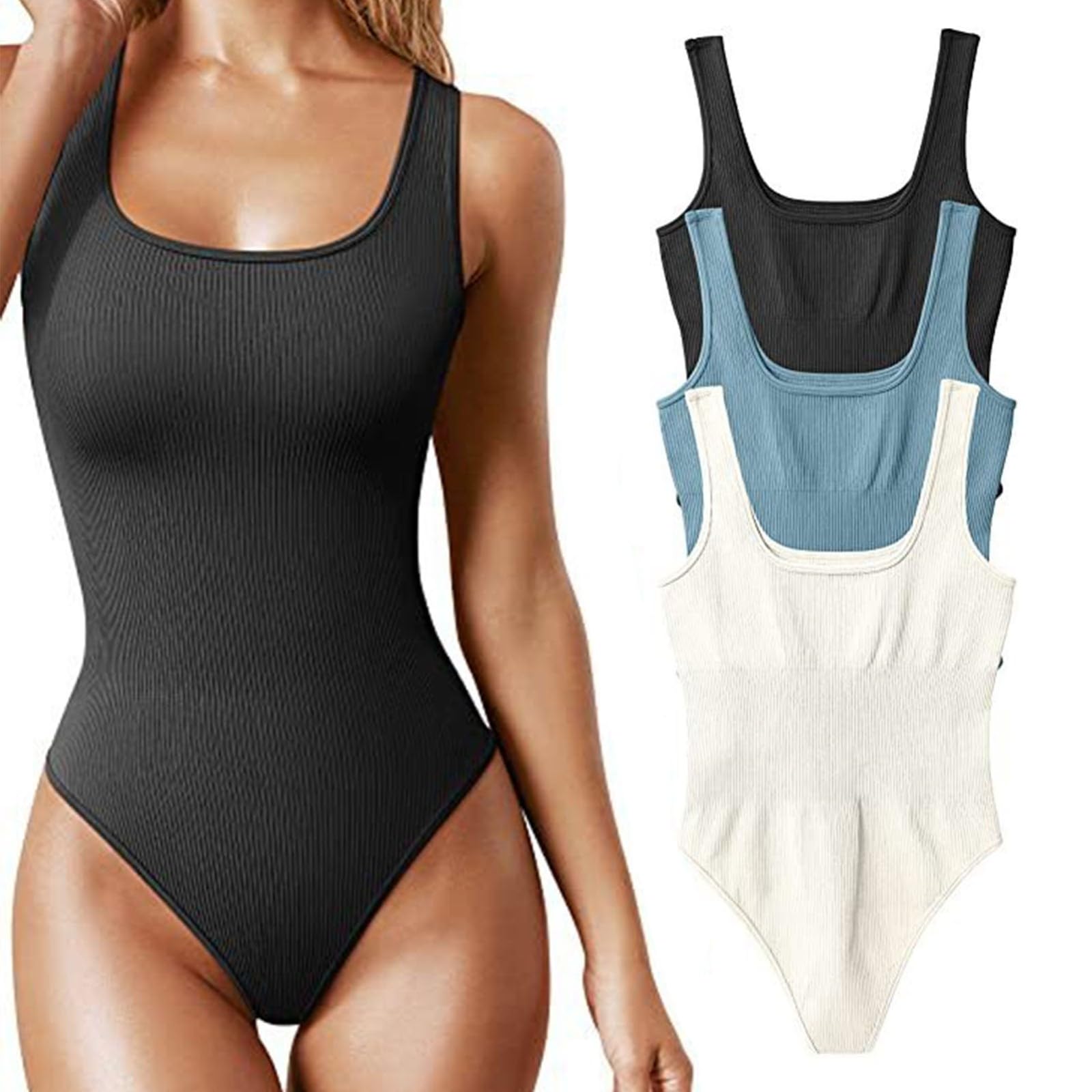 YILKOO 3 Piece Women's Bodysuit for Women Tummy Control, Ribbed Sleeveless Shapewear Bodysuit, Sexy Seamless Shapewear(A,S)