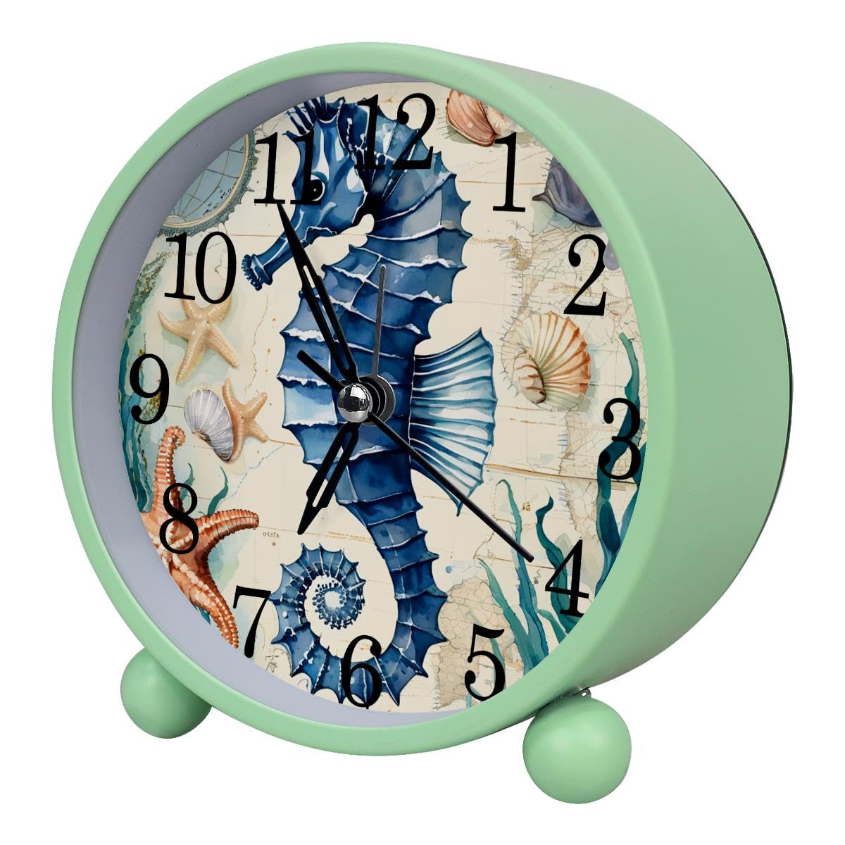 Luoweisi Alarm Clock Seahorse Ocean, Silent Non-Ticking with Night Light, Round Metal Alarm Clock for Office, Battery Operated, Bedroom, Elderly, Adults, Children, Student Gifts