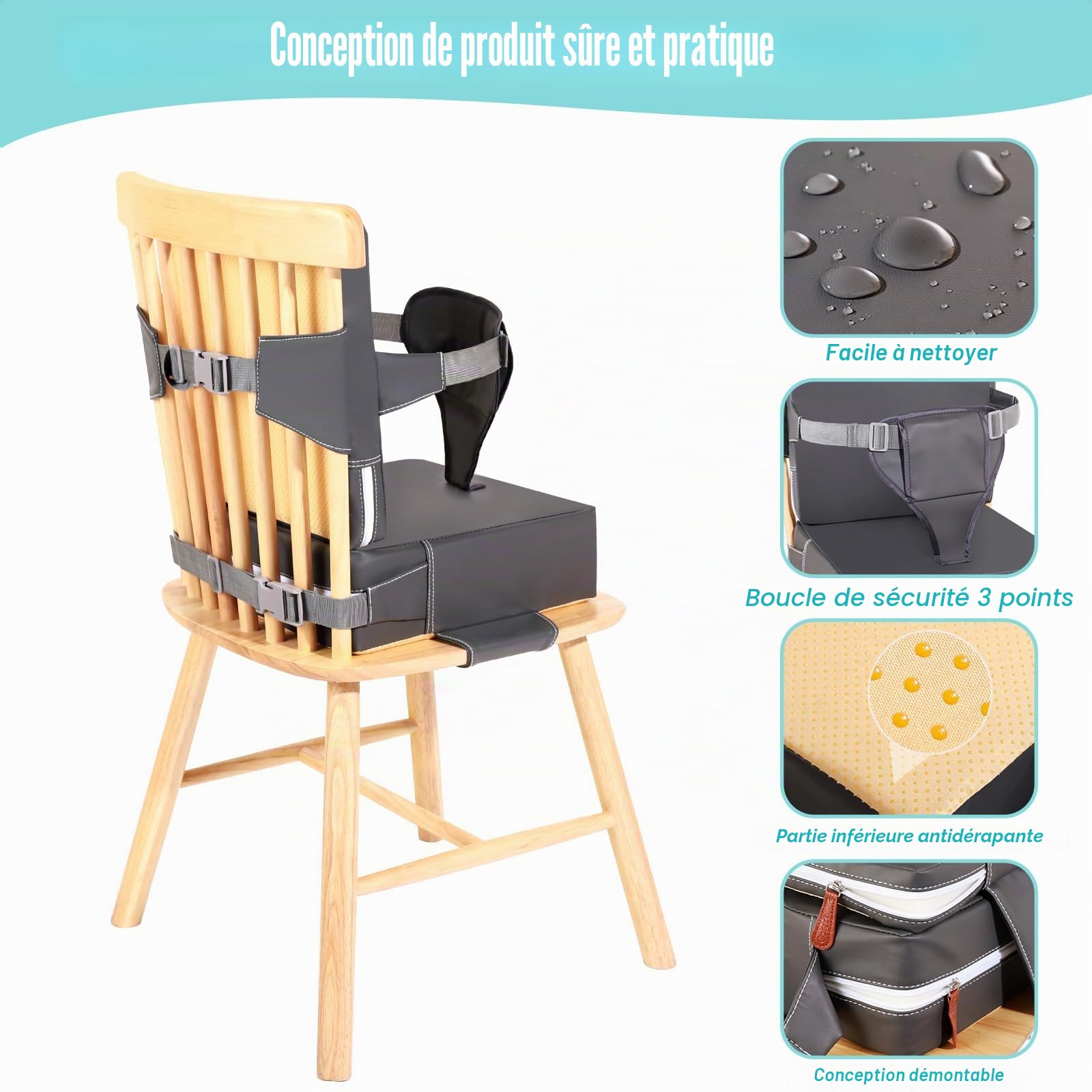 Rehausseur Chaise Enfant PU Lavable Portabilité Rehausseur Chaise Bebe Avec Dossier Ceintures de Sécurité 3 Points Antidérapant Chaise Nomade Bebe pour à La Maison Partir(Gris)