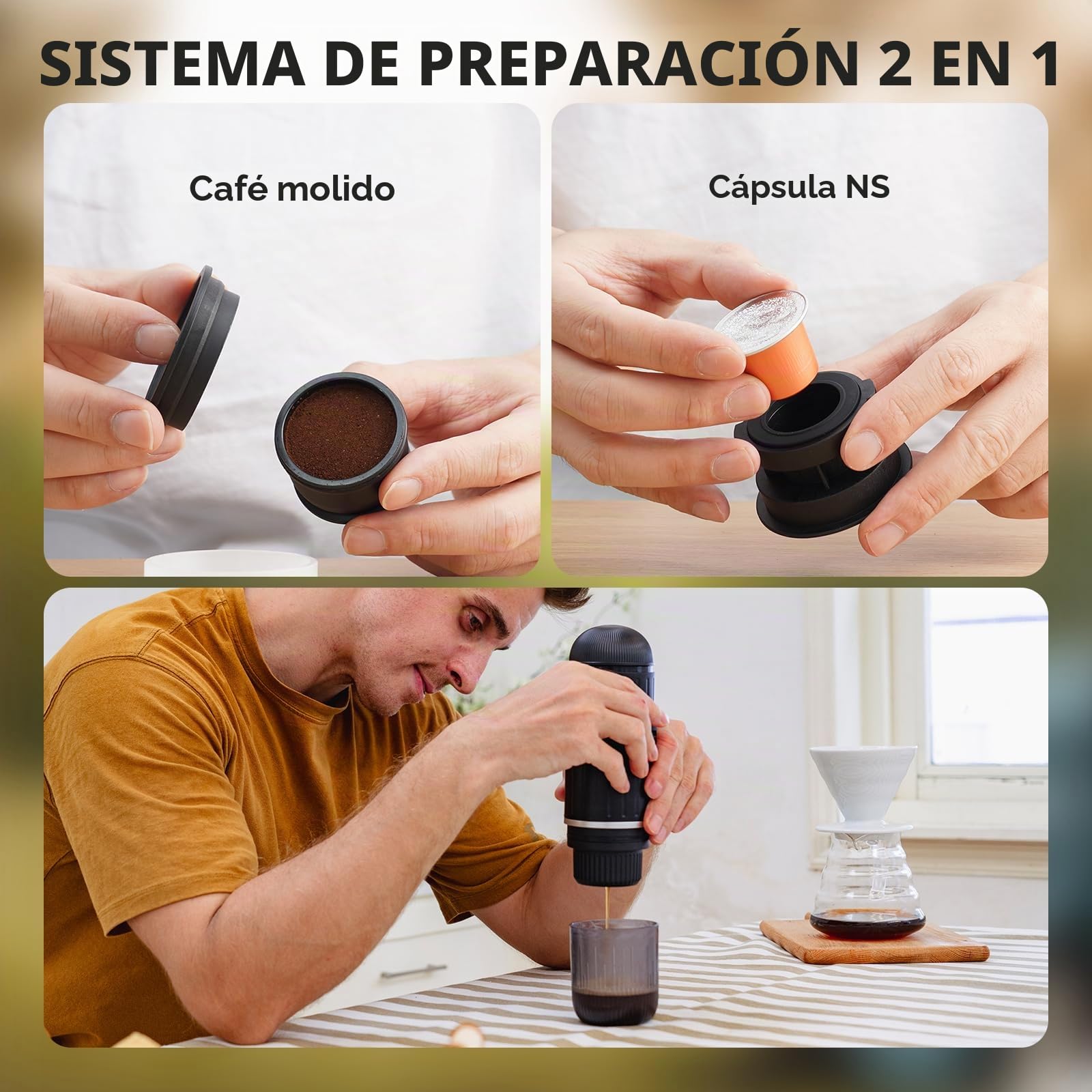 Máquina de café espresso eléctrica portátil, sistema de extracción de calor 2 en 1, cafetera espresso Crema Nespress, soporta café molido y cápsula NS, ME2218 (NEGRO)