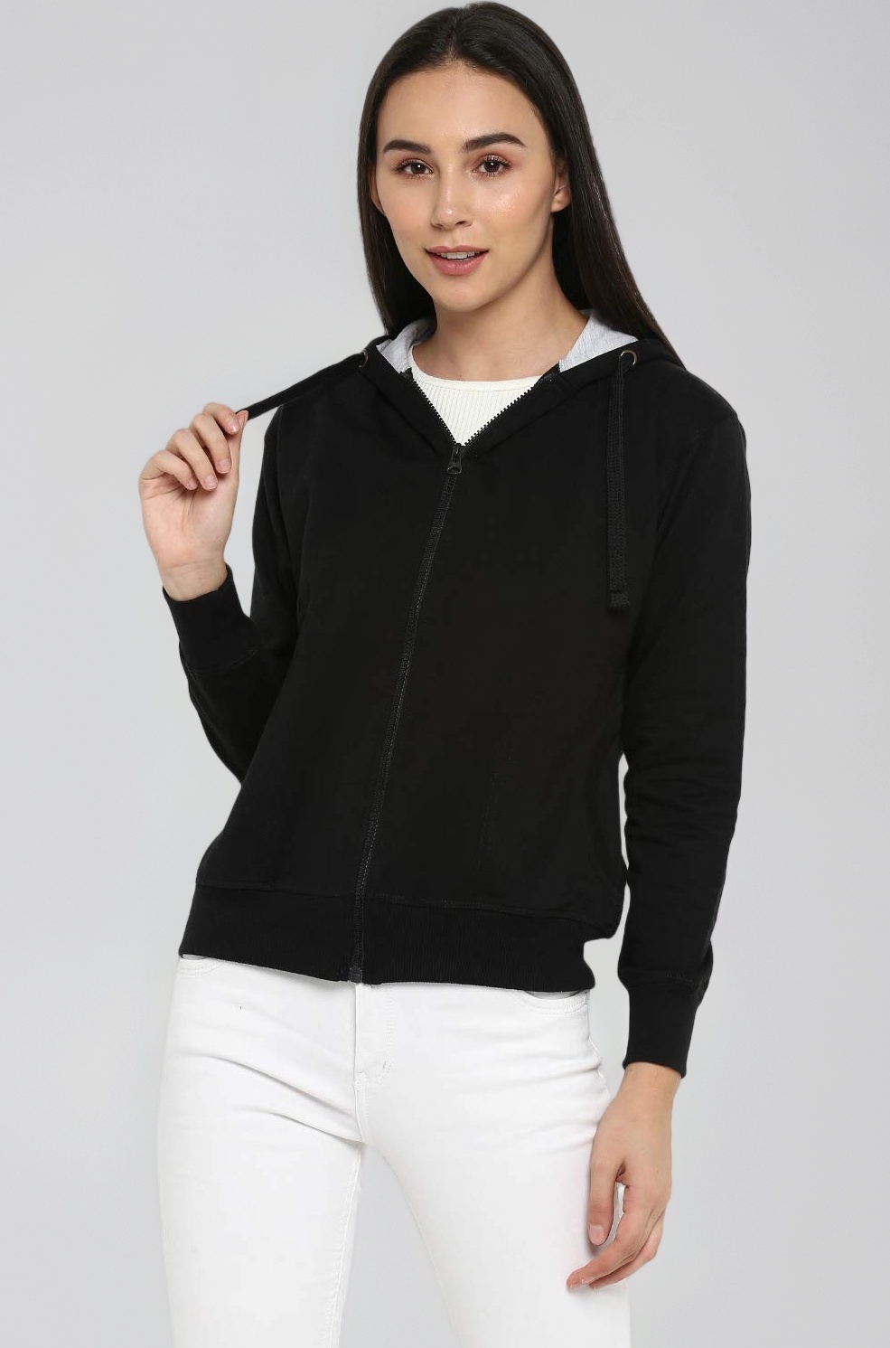 Women's Solid Zipper Hooded Sweatshirt | Front Zip, Ribbed Hem, Lined Hood, Casual Winter Wear