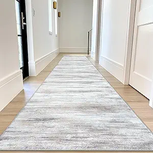 KOZYFLY Modern Abstract Kitchen Runner Rug, 2.6x12 Washable Rug Runner Non-Slip Soft Striped Hallway Runner Rugs, Beige Print Distressed Carpet Runner for Entryway Bathroom Laundry Room Foyer