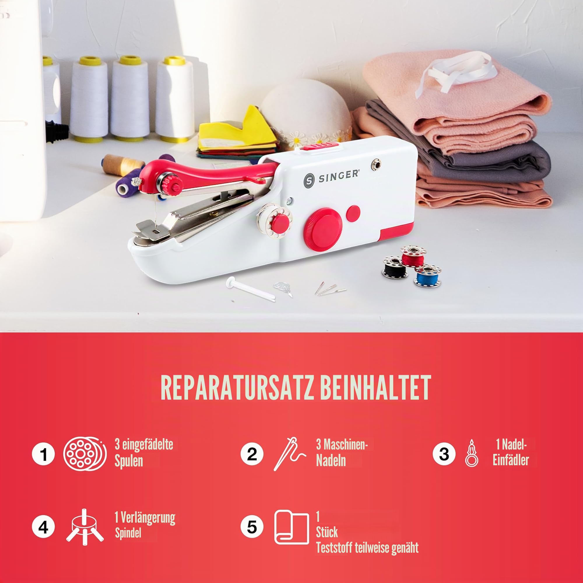 Tragbare Mini Nähmaschine Singer Stitch Sew Quick – Ideal für schnelle Reparaturen zu Hause und unterwegs
