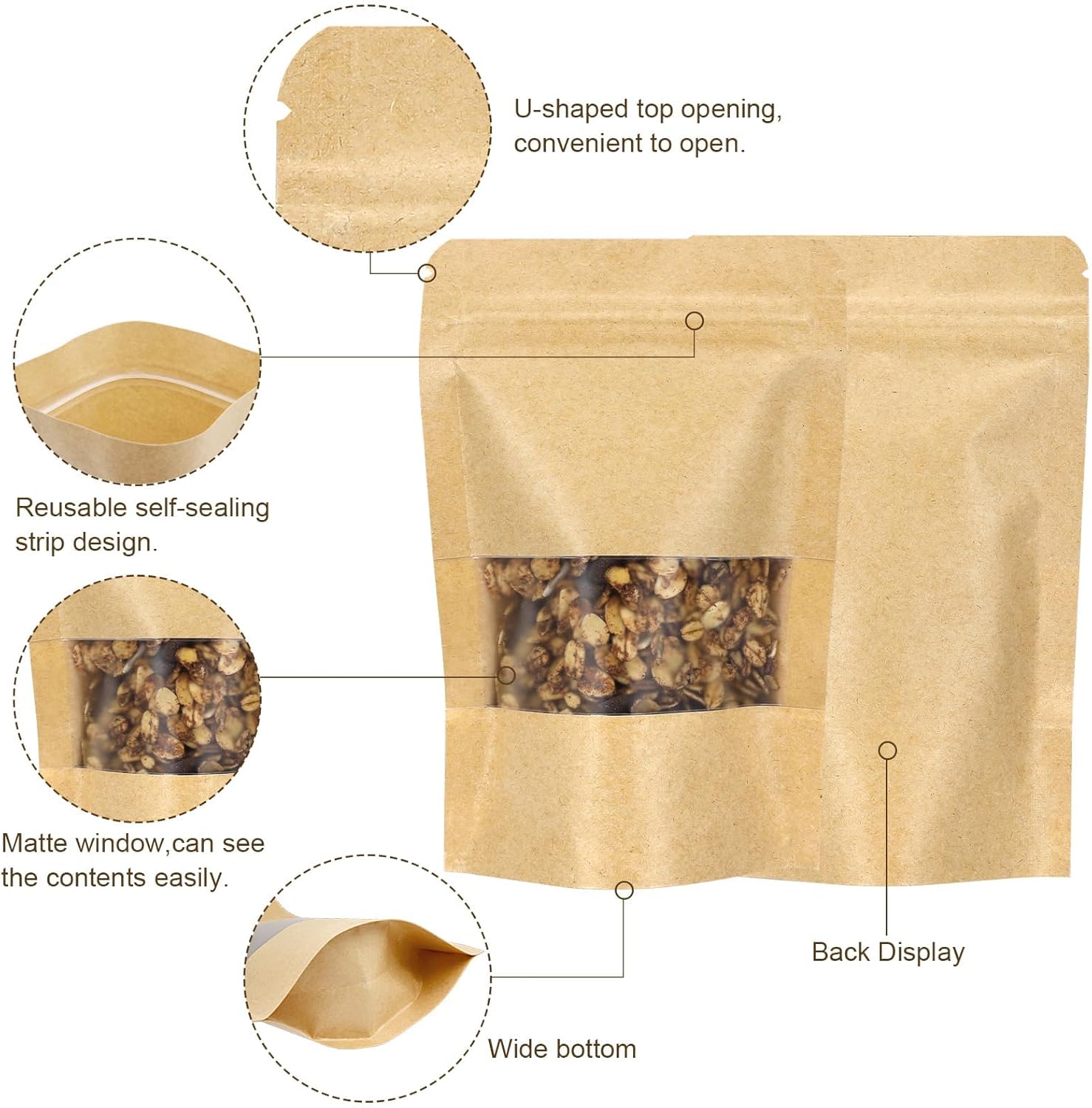 50 Pack Kraft Resealable Bags with Window for Storage (6.5 x 8.7 Inches) image 5