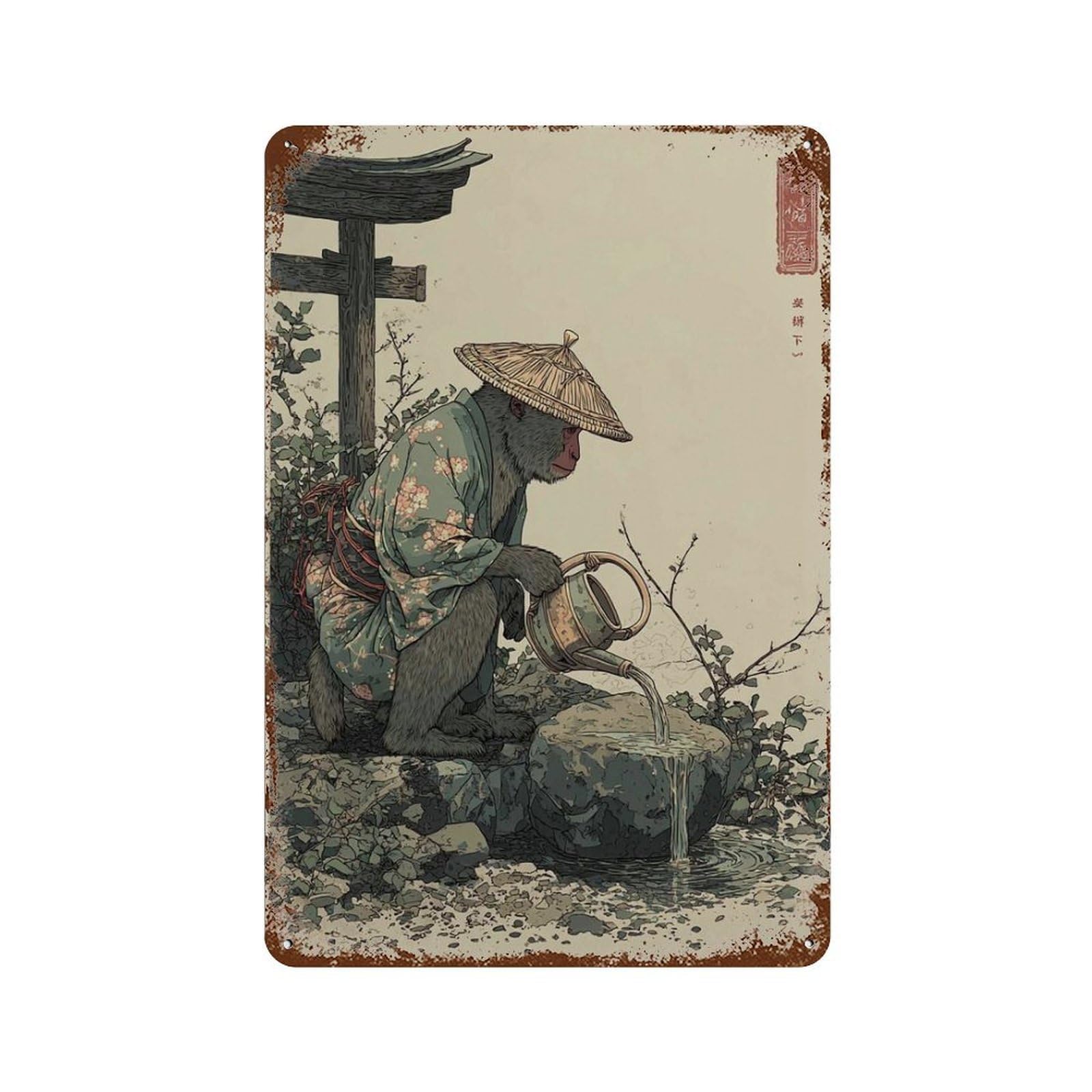 xiaoxiaoshen Japanese Monkey in Kimono Zen Garden Animal Serene Watering Peaceful Whimsical Wall Decor Art Metal Tin Poster Modern Home Decor Art Home Bar Shop Decorations Vintage Sign 30x20cm