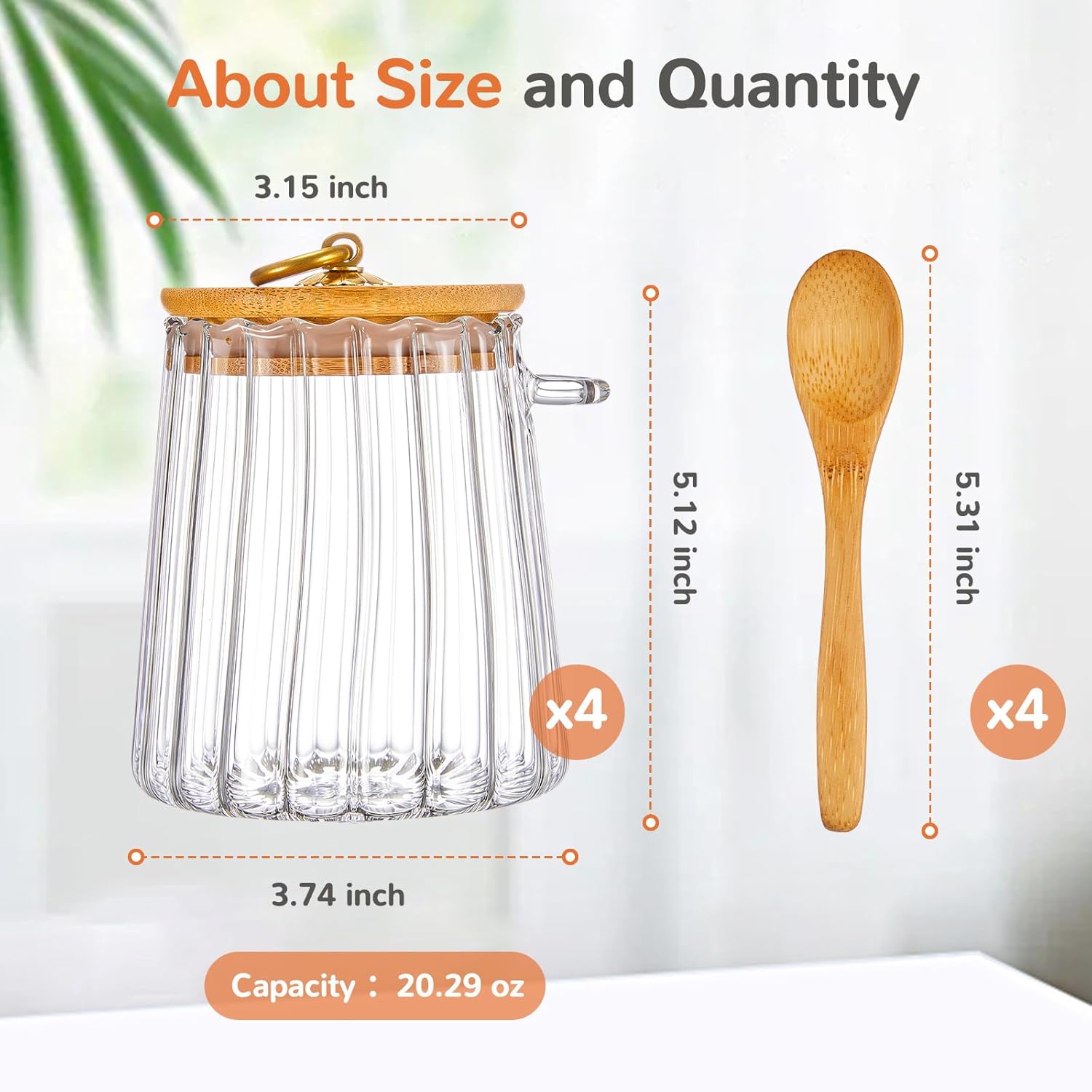 Pinkunn Set of 4 Glass Stripe Sugar Container with Bamboo Spoons 20 Fl oz Coffee Bar Accessories with Lids Coffee Sugar Container Set for Kitchen Food Storage Beans Powder(Taper)