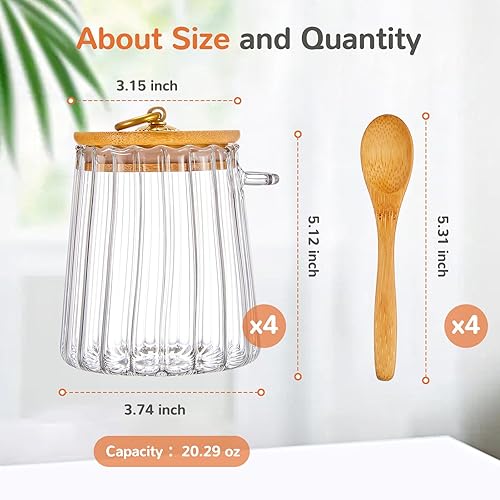 Miniatura 8 de Pinkunn Juego de 4 tarros de vidrio a rayas de vidrio con cucharas de bambú de 20 onzas líquidas para avena durante la noche con tapas, juego de