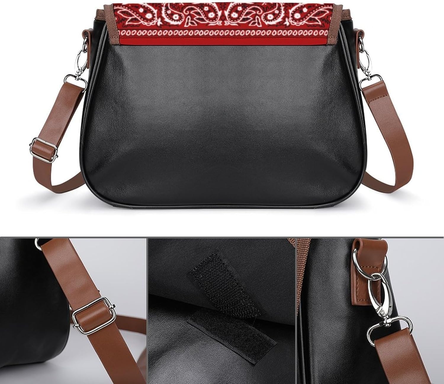 Bandana RedWomen's Faux Leather Crossbody Bag, Waterproof Wrinkle-Resistant Shoulder Bag with Detachable Strap, Large Capacity Casual Handbag, Fashion Daily Purse for Shopping Work Dating, Ideal Gift