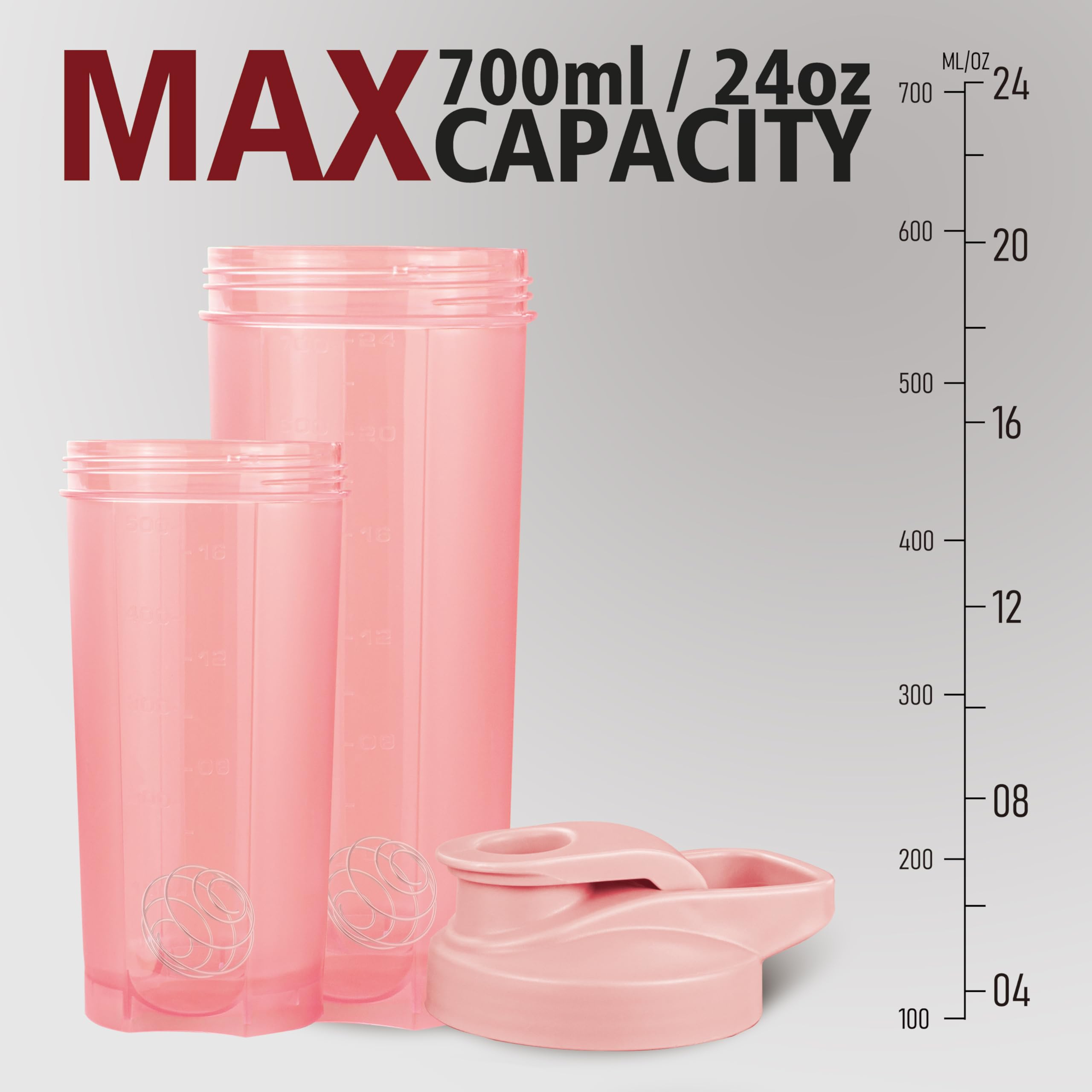 Paquete de 6 botellas mezcladoras de proteínas para mezclas de proteínas, vasos mezcladores para batidos de proteínas, 3 piezas de 24 onzas y 3 piezas de 20 onzas (rosa)