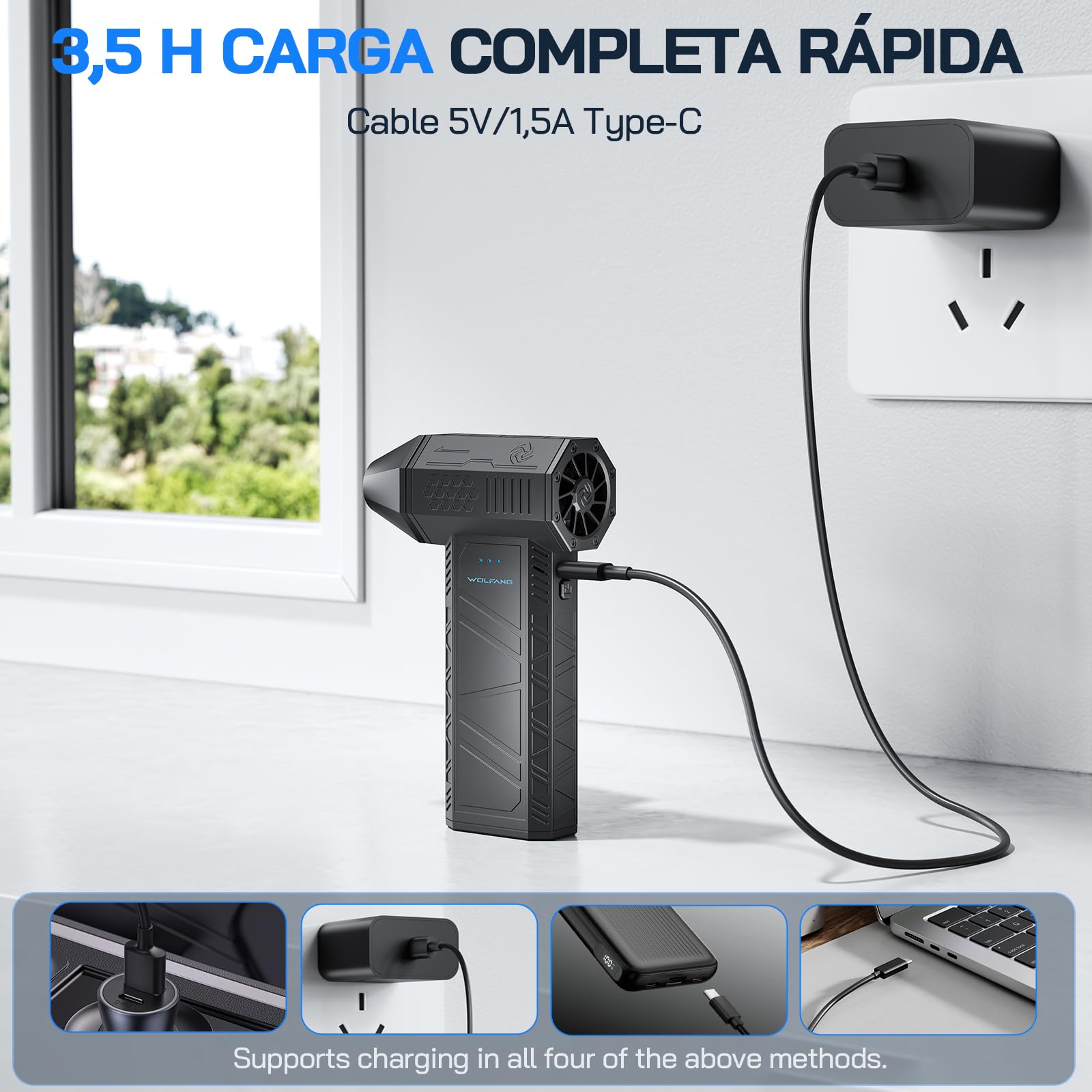 WOLFANG Soplador de aire eléctrico inalámbrico de 110000 rpm, Aire Comprimido Limpieza PC Soplador de Aire, mini soplador ajustable de 3 engranajes con carga rápida para PC, Limpieza Coche
