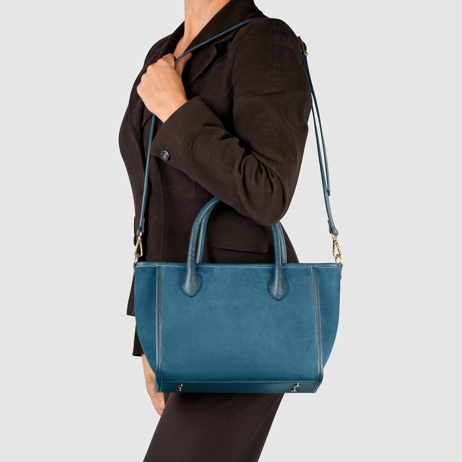 Italian Genuine Suede Top-Handle Bag for Women with Calf Leather Trim & Crossbody Strap | Medium Shoulder Handbag