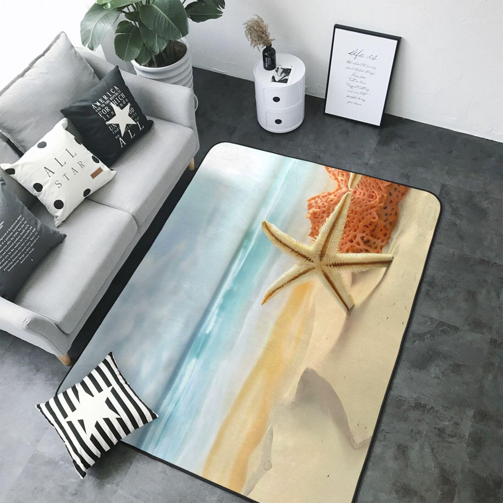 Tapis de sol antidérapant en peluche imprimé étoile de mer et corail sur la plage 203,2 x 147,3 cm – Confort bien conçu pour votre oasis d'intérieur