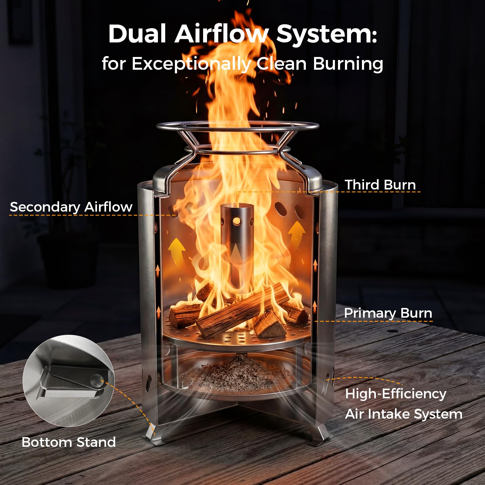 Smokeless 18cm Tabletop Fire Pit, Stainless Steel Smokeless Portable Stove for Camping Outdoor & Patio Wood or Pellet Fueled with Carrying Bag & two Mini Sticks (7Inches) - 4