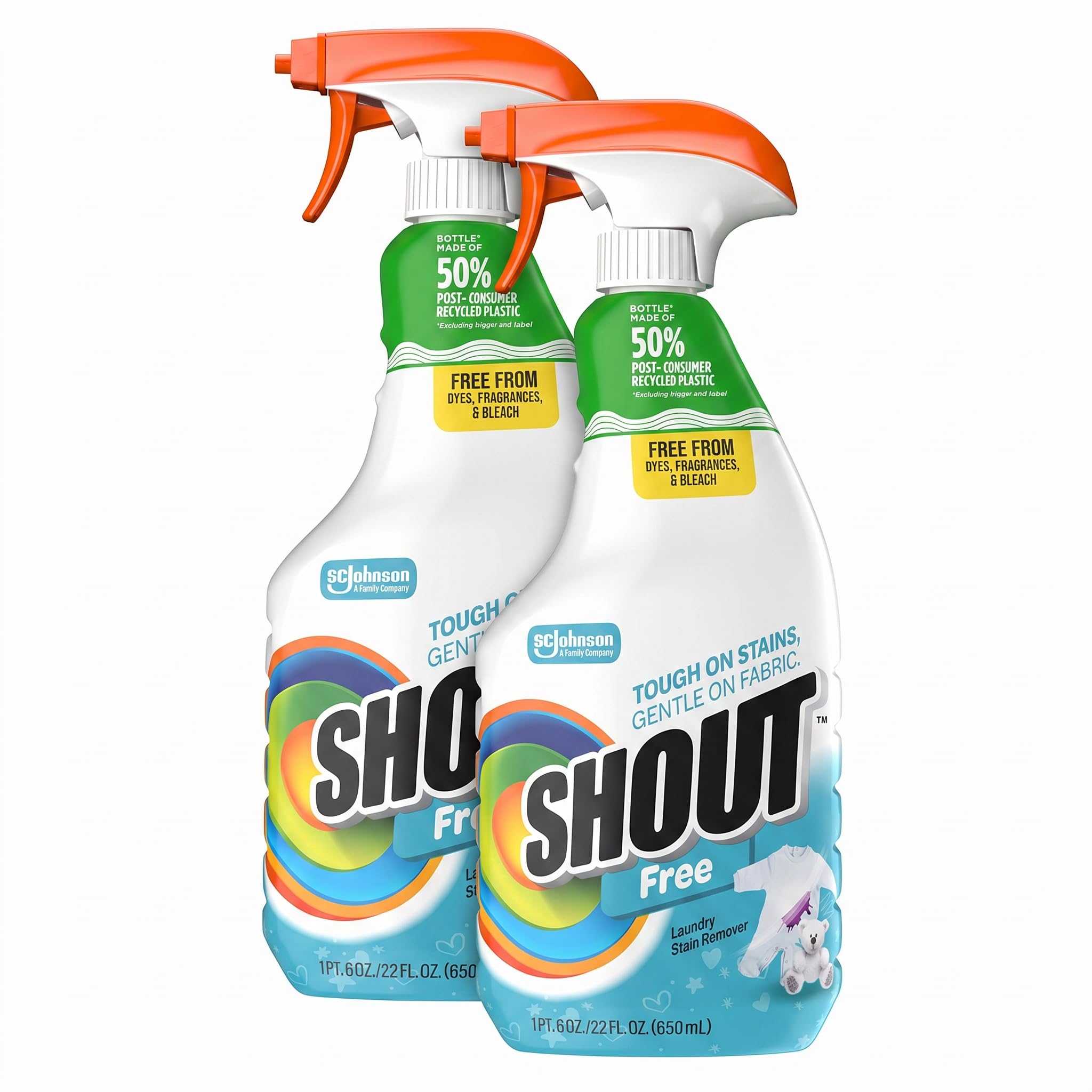 Shout Free Laundry Stain Remover Spray, Active Enzyme Formula is Fragrance, Bleach, and Dye Free, Removes Everyday Stains including Baby Stains - 22oz Spray (Pack of 2)