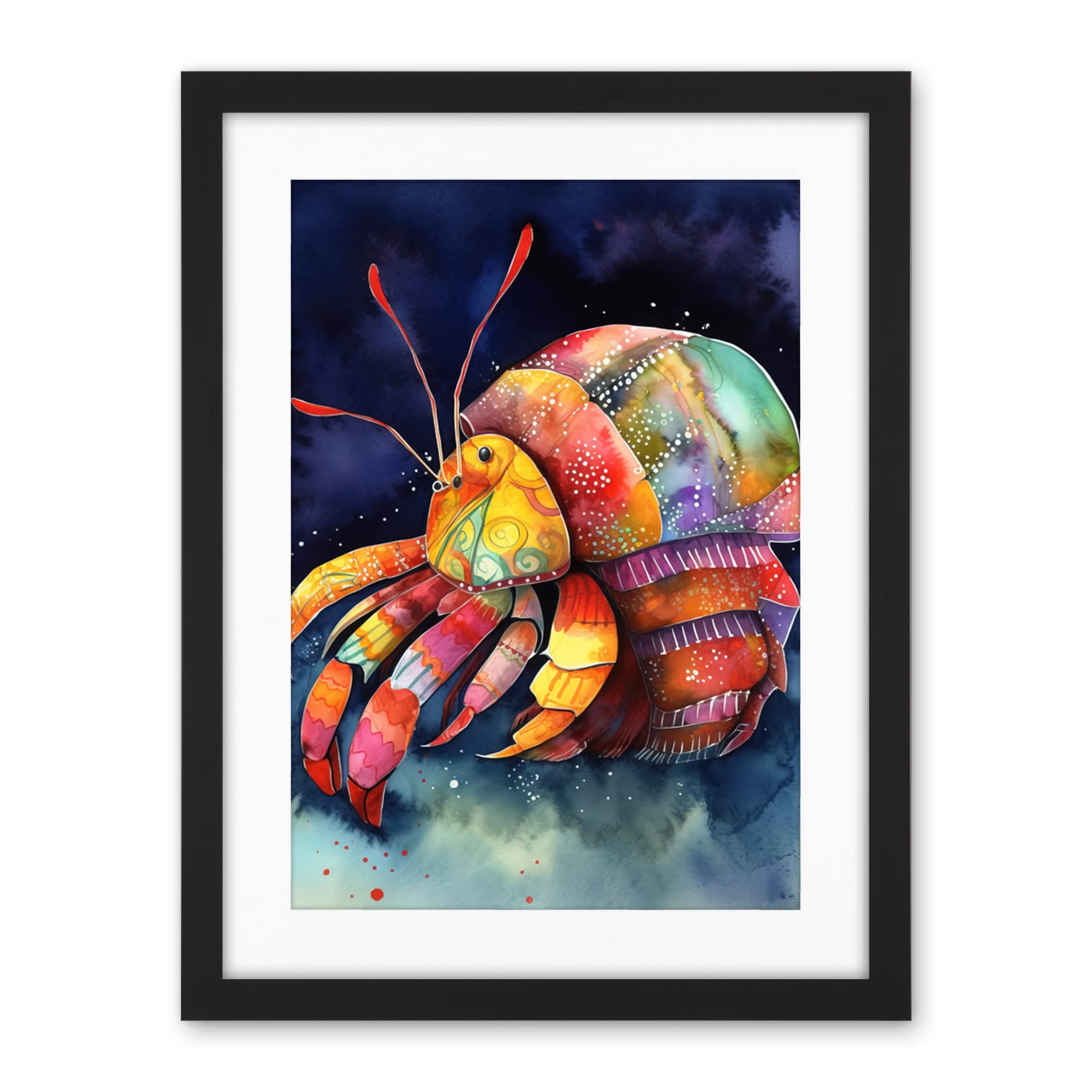 Artery8 Hermit Crab Vibrant Folk Art Watercolour Painting Artwork Framed Wall Art Print 18X24 Inch