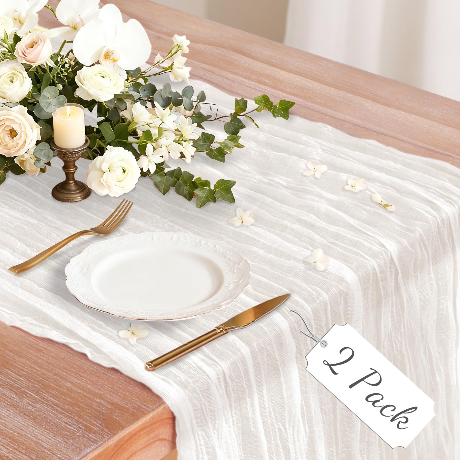 2 Pack Ivory White Cheesecloth Table Runner, 10Ft Boho Gauze Cheese Cloth Table Runners for Wedding, Party, Dinner, Baby Shower, 120 Inches Long Table