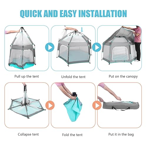 Miniatura 5 de Bend River Corralito para bebés con toldo, tienda de campaña portátil para bebés, patio de juegos para niños pequeños en interiores y exteriores,