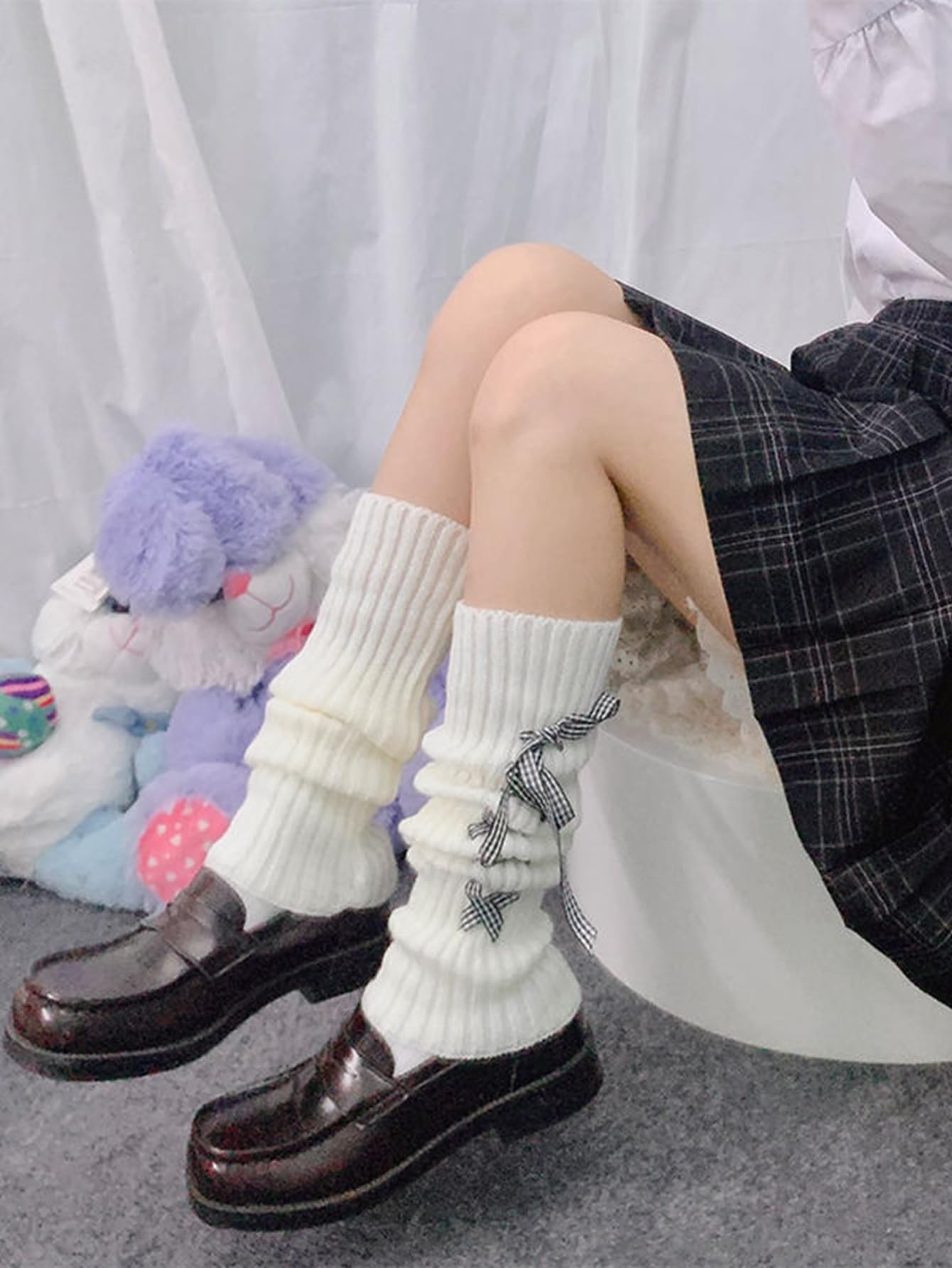 SHENHE Women's Y2K Coquette Bow Leg Warmers Cute Knit Stacked Ballet 80s Leg Warm Boot Socks: One-Size White Deep Blue