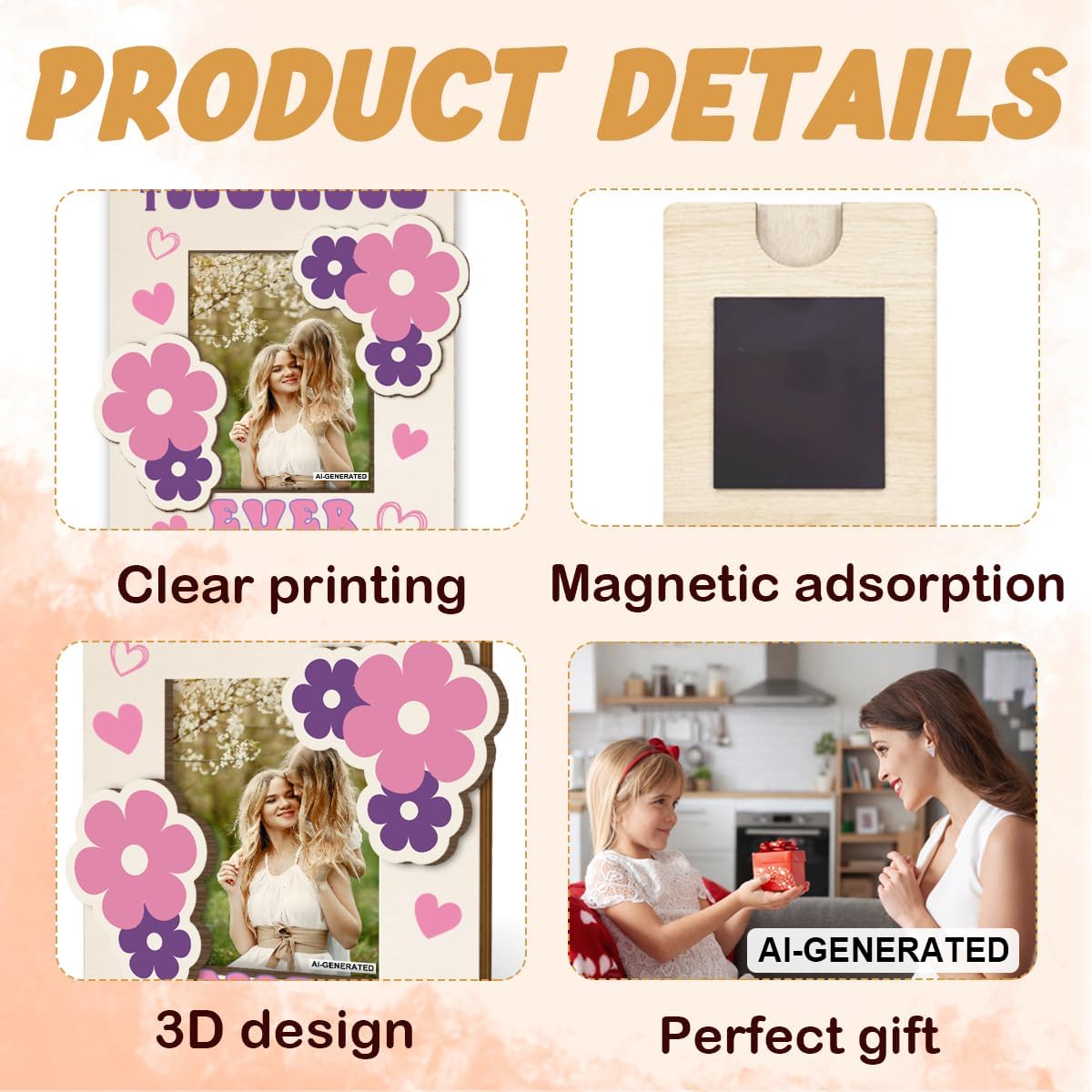 Mothers Day Picture Frame, Best Auntie Ever Wooden Photo Holder, Floral Family Keepsake, Sweet Gift for Auntie from Niece or Nephew, Decorative Refrigerator Magnet Display, Home Decor image 3