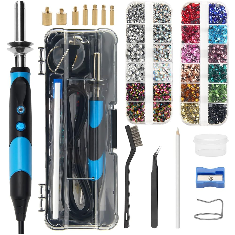 Azonee Hotfix Rhinestone Applicator Tool, DIY Hot Fix Rhinestone Setter for Bedazzler Kit with Rhinestones for Crafts, 15 Color Rhinestone, 7 Tips, Tweezers, Pencil, Brush