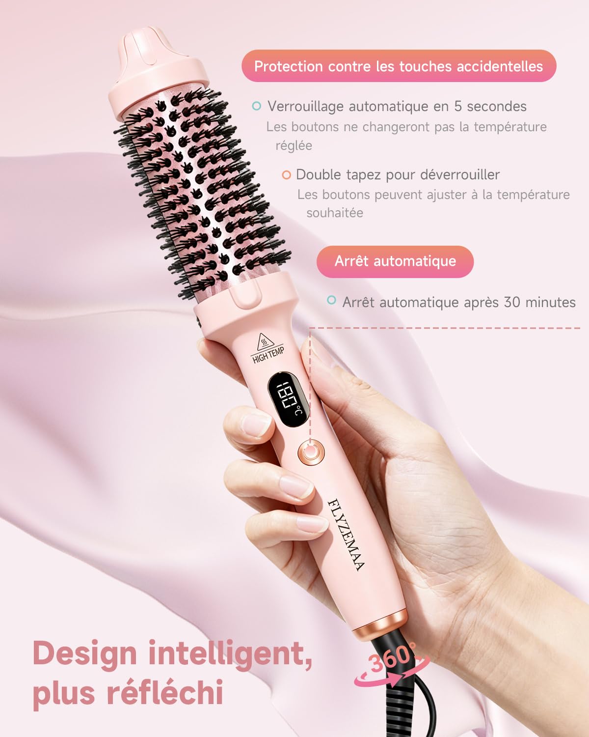 Brosse thermique FLYZEMAA, Thermal Brush 38mm pour des Boucles Naturelles, Brosse Chauffante pour 3 Niveaux de Température, Écran LCD, Double Tension, Prise UE, Rose
