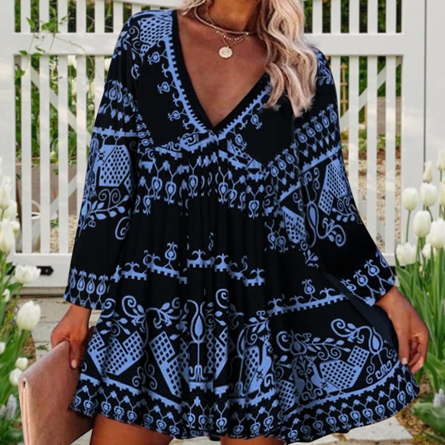 Women's Versatile Short-Sleeve Summer Dress, Ethnic-Inspired Print V-Neck Dress