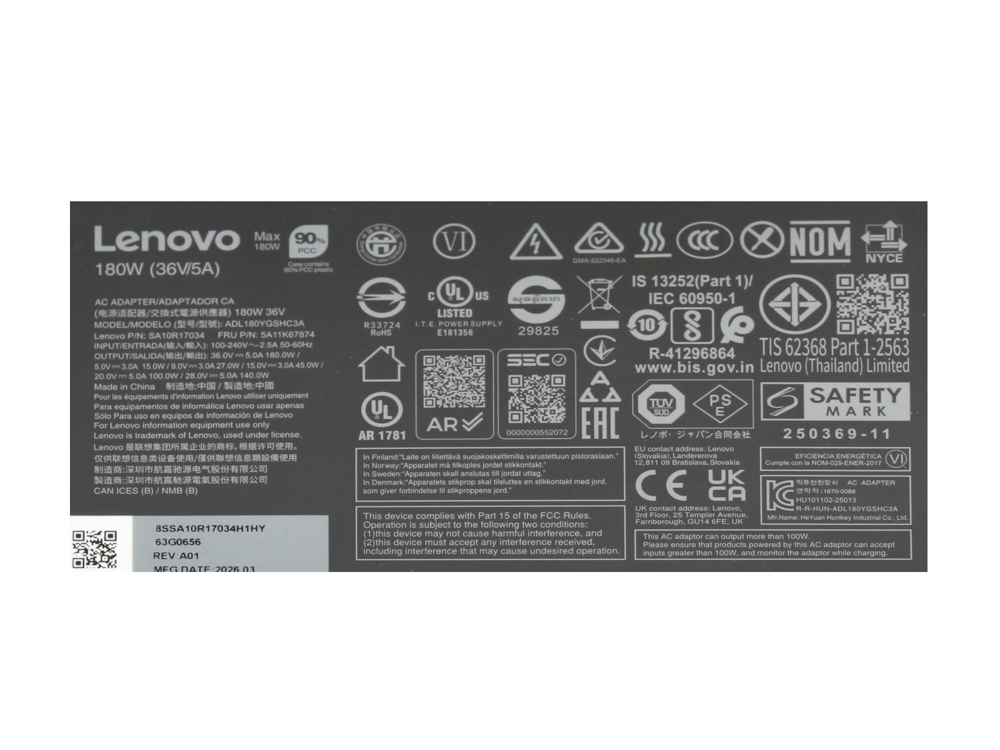 Lenovo 5A11K67873 originale USB-C GaN-alimentatore 180 watt