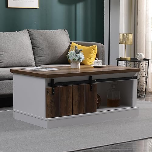 4HOMART - Mesa de centro de granja con almacenamiento y puertas corredizas de granero, mesa de sala de estar con estantes, mesa central rectangular,