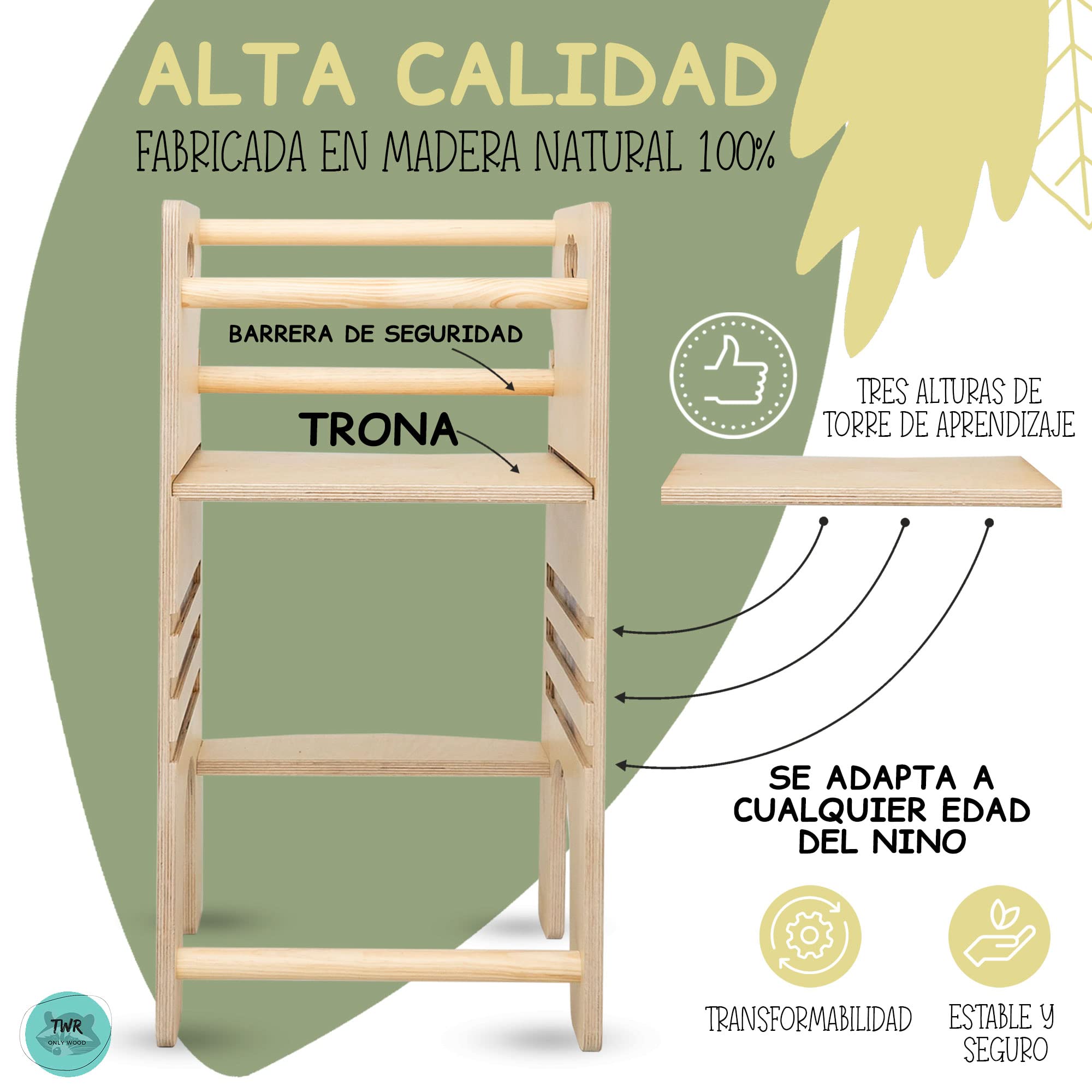 TWR ® Torre de aprendizaje evolutiva + trona bebe+ patrones Montessori (incluye lápiz de madera) 3 en 1- Torre de aprendizaje convertible en trona - 100% madera natural de alta calidad