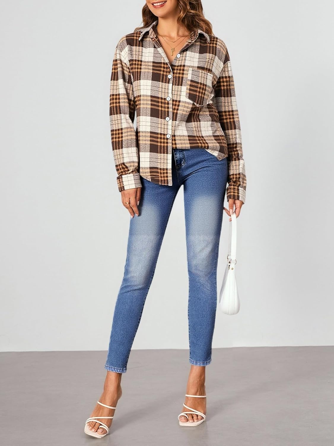 Women's Plaid Button Down Shirts Long Sleeve Collared Loose Dressy Casual Blouses - Image 2