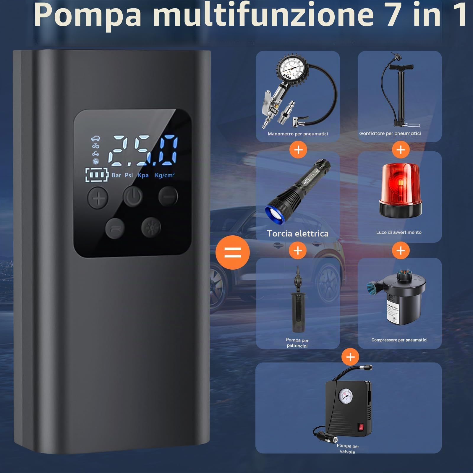 150PSI Compressore Aria Portatile, 6000mAh Gonfiatore Elettrico con 4 Ugelli per Auto, Moto, Biciclette e Palloni