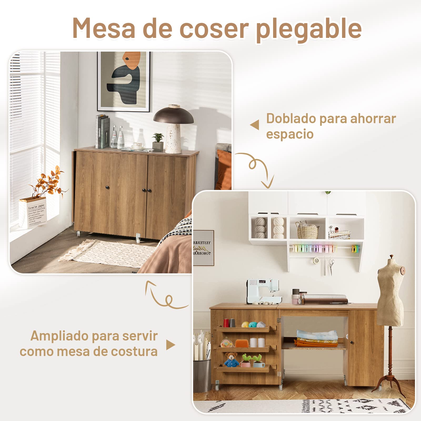 GOPLUS Mesa de Costura Plegable con 6 Ruedas Universales (2 Bloqueables), 3 Estantes y 1 Balda, 3 en 1 Armario de Costura, Mueble para Máquina de Coser para Dormitorio Salón Estudio (Natural)