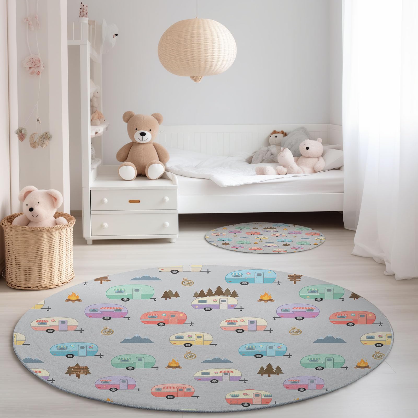 Générique Okrągły dywan samochodowy 120 cm, dywan nadający się do prania w pralce do salonu, antypoślizgowy, retro vintage nadruk kampera kempingowego do pokoju dziewczynki dziecięcej, szary