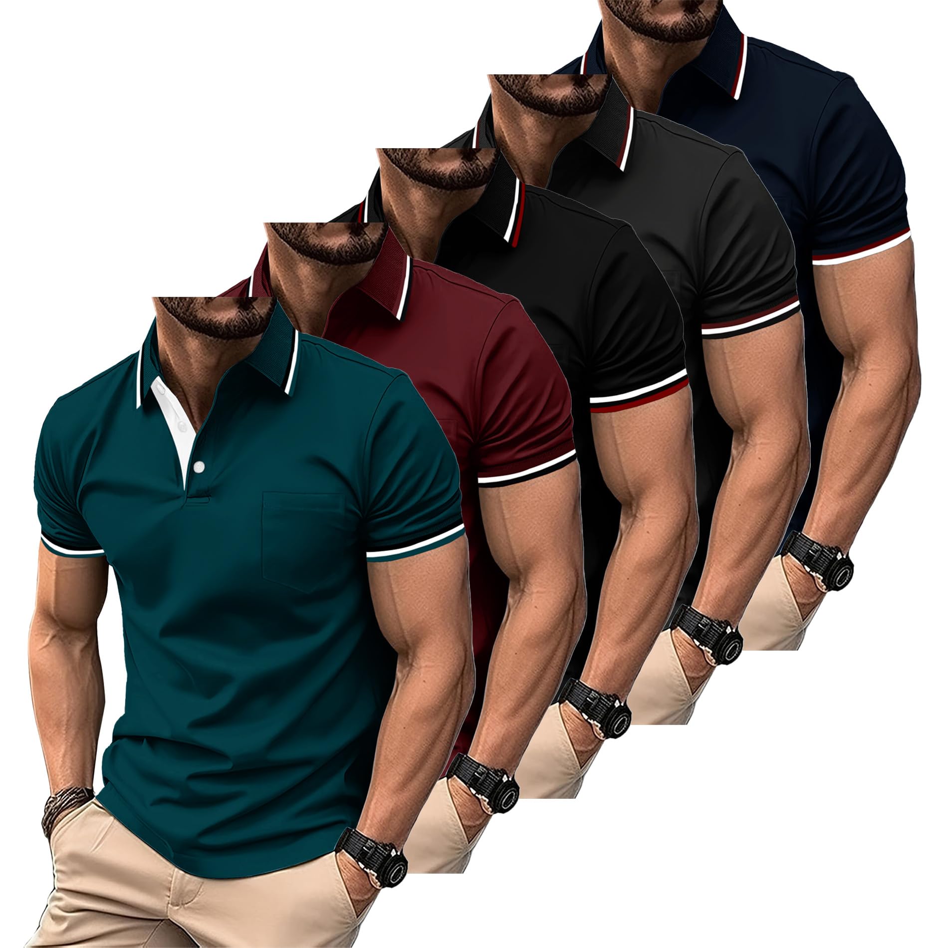 ZITY Polo para Hombre Paquete de 5 Polo Manga Corta Camiseta Golf Trabajo Transpirable Camiseta Informal con Bolsillo Verano 5 Pack T Shirt para Vacaciones