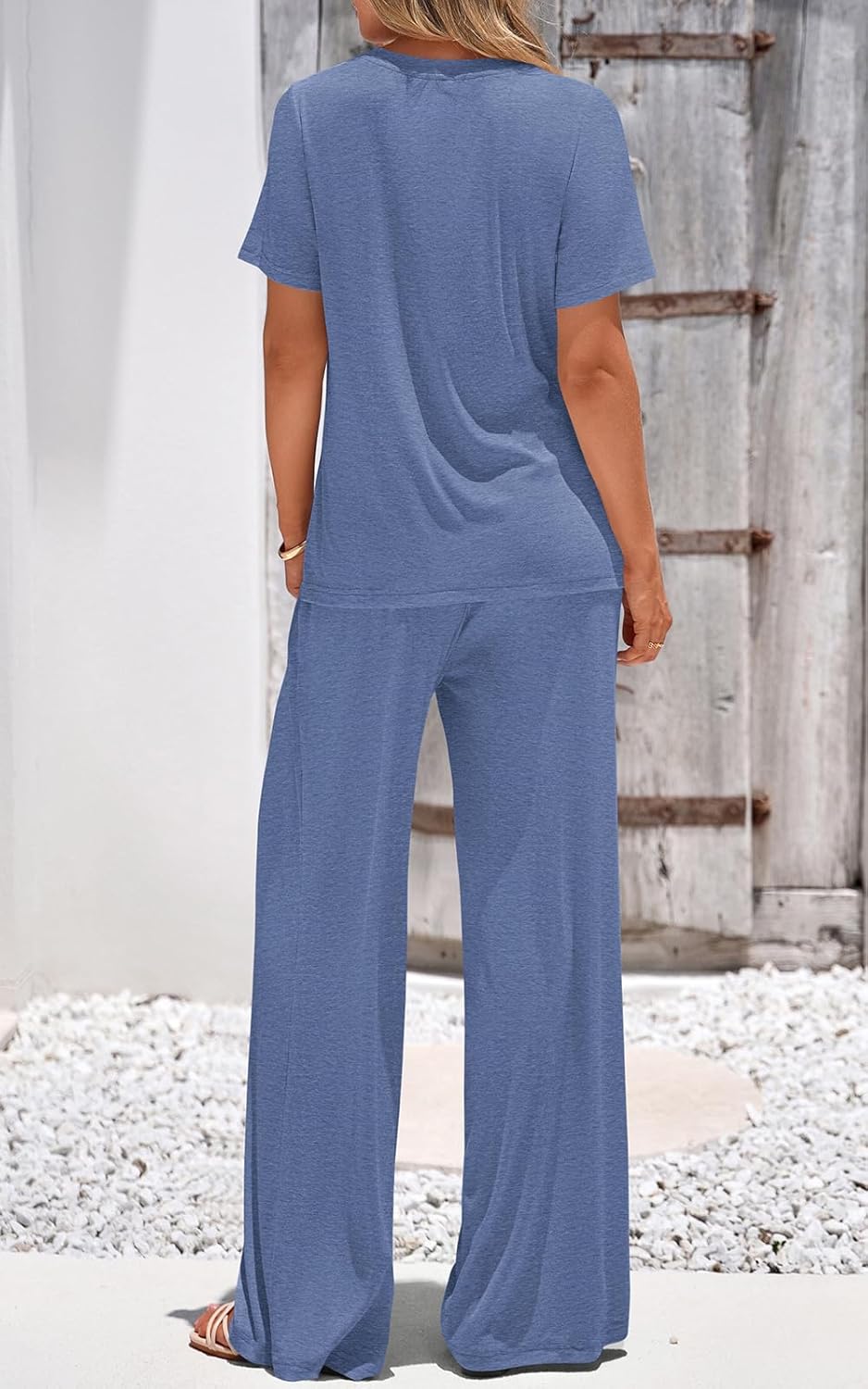 PRETTYGARDEN Spring Lounge Sets for Women 2 Piece Short Sleeve Crewneck Cute Tops and Wide Leg Pants with Pockets Pj Set - Image 5