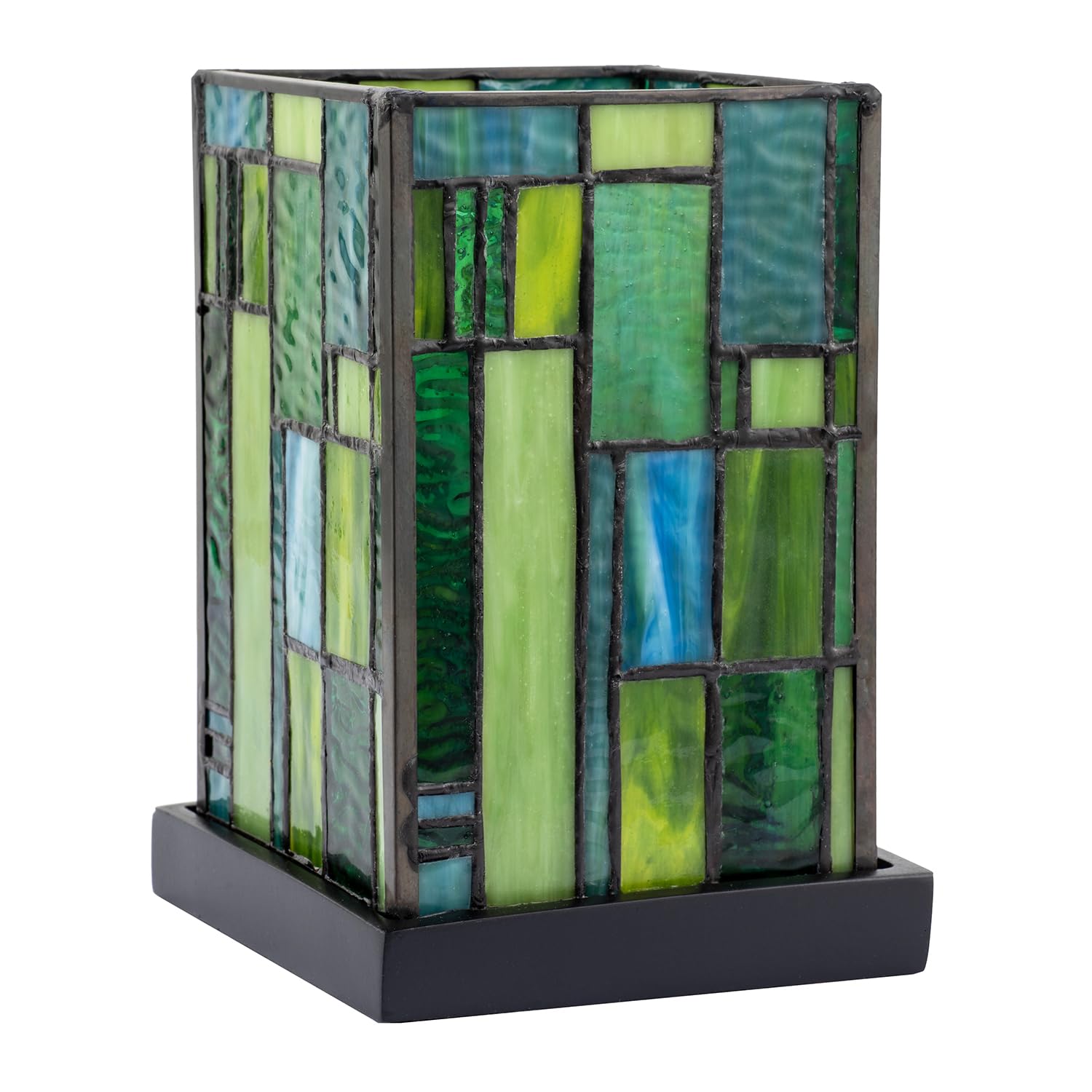 Happy Homewares Designer Art Deco Tiffany Glass Table Lamp in Light and Dark Green | 20cm x 13cm | Matte Black Resin Base with Inline Switch