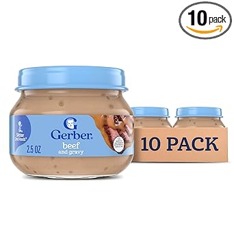 Gerber Stage 2 Baby Food, Beef and Gravy Jar, Baby Food Meat Puree, Baby Mealtime, Baby Puree Jars Glass, 10-Pack