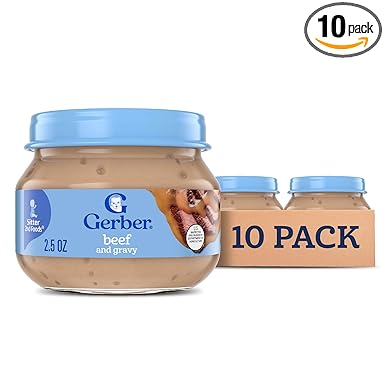 Gerber Stage 2 Baby Food, Beef and Gravy Jar, Baby Food Meat Puree, Baby Mealtime, Baby Puree Jars Glass, 10-Pack
