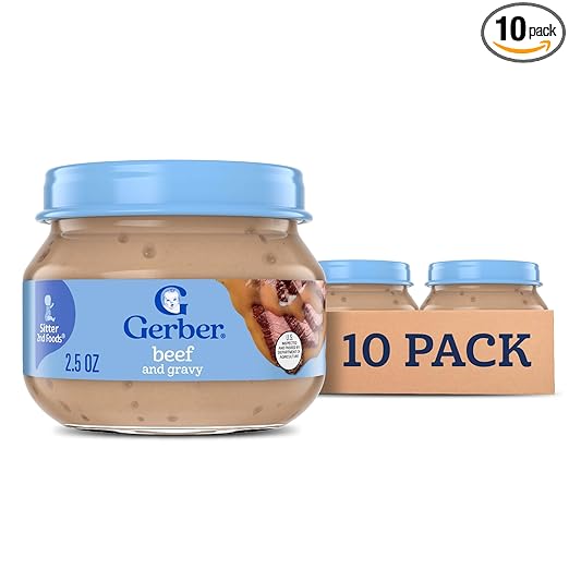 Gerber Stage 2 Baby Food, Beef and Gravy Jar, Baby Food Meat Puree, Baby Mealtime, Baby Puree Jars Glass, 10-Pack