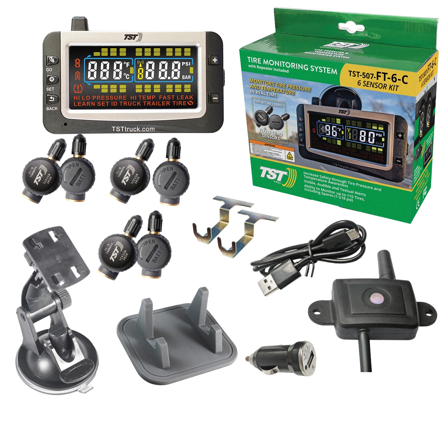 TST 507 Series TPMS - RV Tire Pressure Monitoring System with 6 Flow Thru Sensors & Color Display Monitor for Travel Trailers, Campers and Motorhomes (Metal Valve Stems Required for Flow Thru)