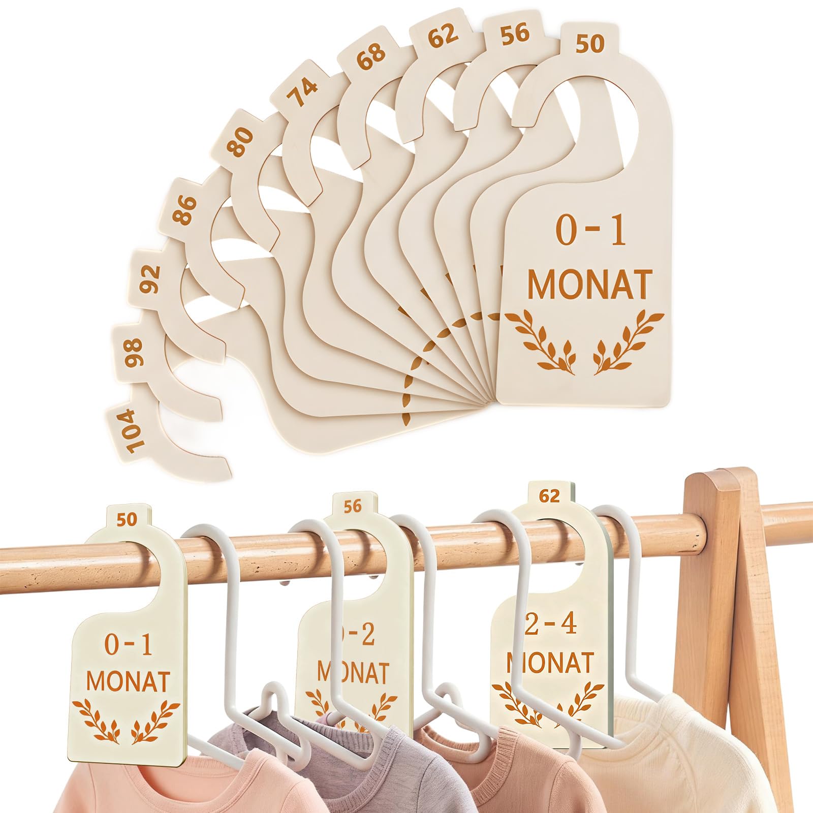 Größentrenner Baby 10 Stück 50-104 Babykleidung Trenner aus Holz, Baby Kleiderbügel Beidseitiger Druck Kleiderschrank Kleiderbügel Babyschrank Trennwände Von Neugeborenen bis zu 24 Monaten