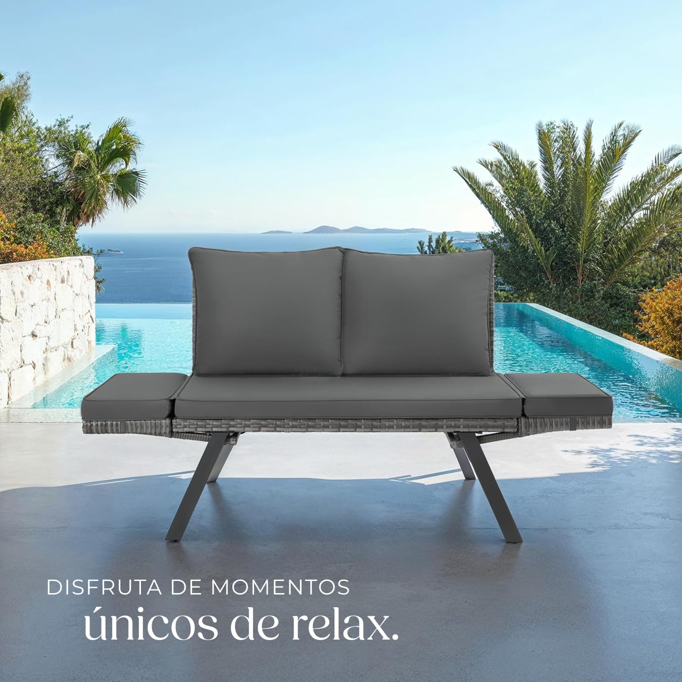 tectake® Salón de Jardín Exterior 2en1 Sofá 2 Plazas Tumbona de Sol de Resina Trenzada, Banco de Jardín con Cojines Incluidos, Muebles para Acondicionamiento de Balcón, Terraza, Veranda, Casa